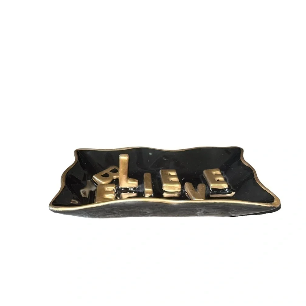 Believe Black & Gold Ring Jewelry Tray